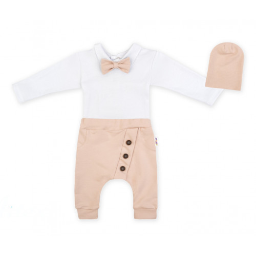 Baby Nellys 3-dielna sada Hubert, body s motýlikom, tepláčiky a čiapočka - béžový, veľ. 92