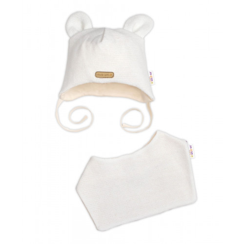 Pletená čiapka s bavlnenou podšívkou a šatkou 2v1, Teddy Hand made - kokosová biela, 80/86