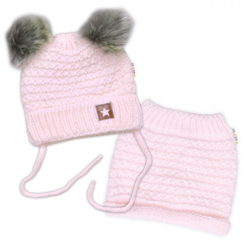Zimná pletená čiapka Star s fleecom a chlpáčkové brmbolce + komínček 2D sada, ružová