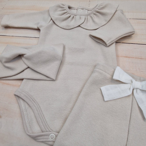 Rebrované body s golierom, legíny a čelenka, 3D, bavlna, piesková, veľ. 74