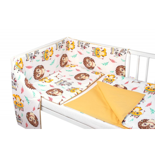 Baby Nellys 3-dielna sada Mantinel s povl. Ježko,Líška, biela s potlač./horčicová, 135x100