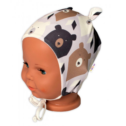 Baby Nellys Dojčenská čiapočka s uškami na zaväzovanie - Medvede, hnedá