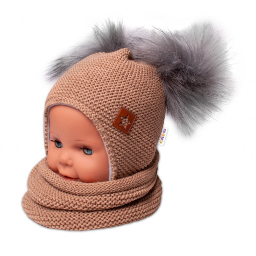 BABY NELLYS Zimná čiapka s fleecom a chlupáčka. bambuľky Star + komínok - medová, 98/104