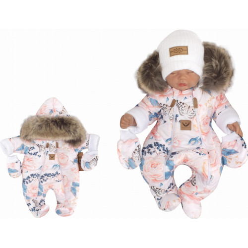 Zimná kombinéza s dvojitým zipsom, kapucňou + rukavičky, Z&Z Angel, ružičky,veľ.62