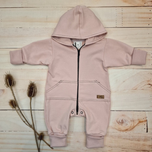 Detský teplákový overal s predĺženými nápletami, púdrovo ružový, veľ. 80
