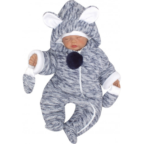 Oteplená pletená kombinéza s kapucňou a uškami + rukavičky - granát. vel. 68