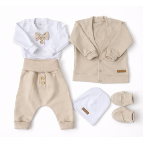 Bavlnená sada, body, nohavice, motýlik a čiapka Elegant Boy 5D, béžová/biela