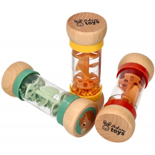 Drevená hrkálka / dažďová sprcha s guličkami, Mačička - žlté