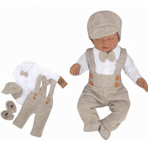 Z&Z 5-dielna pletená sada Boy, body, nohavice, čiapočka motýlik, topánočky, béžová, veľ.68