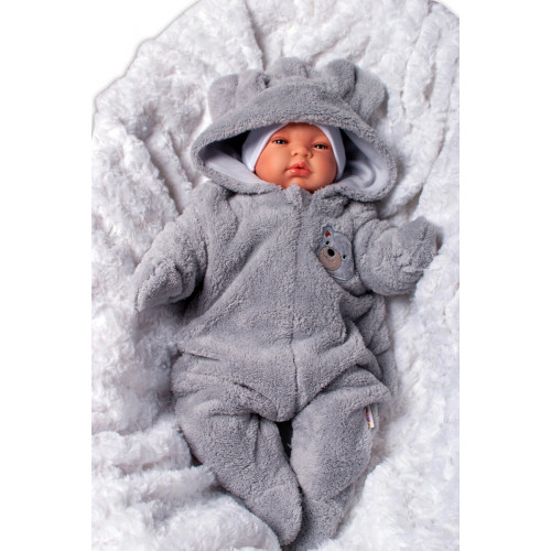 Baby Nellys Chlpáčkový overal Luna s kapucňou + rukavičky, Macko, hnedý, veľ. 68