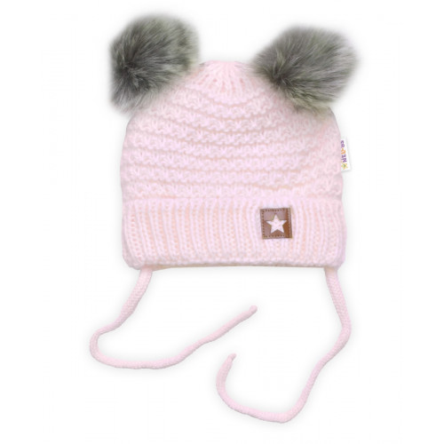 Zimná pletená čiapka Star s fleecom a chlpáčkové brmbolce + komínček 2D sada, ružová