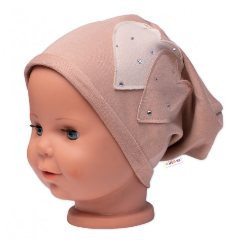 Detská čiapka bavlna, Srdiečka s kamienkami, Baby Nellys, cappuccino, veľ. 104/134