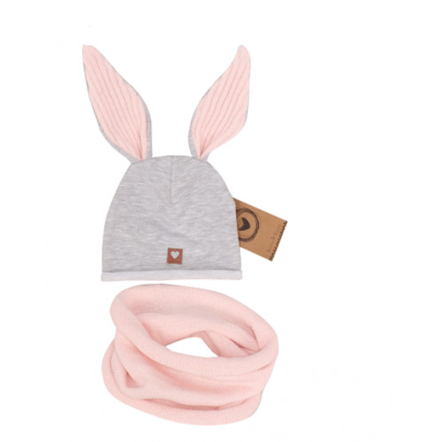 Z & Z Dojčenská bavlnená čiapočka Zajačik s nákrčníkom, šedá/ružová, vel. 68/74