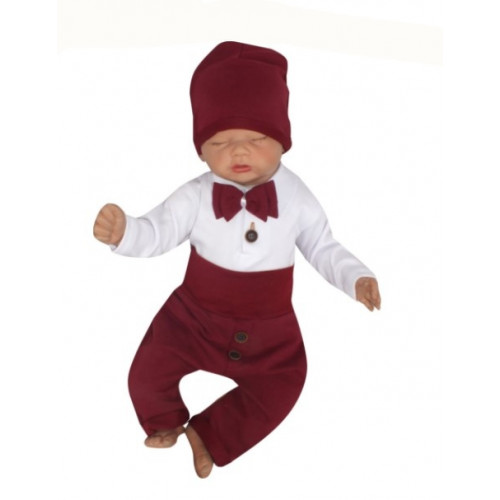 Z&Z 4-dielna súpravička body, tepláčky, čiapočka a motýlik, biela/bordó, veľ. 74