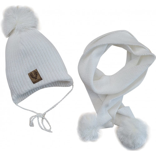 Dvojvrstvová pletená čiapočka na zaväzovanie + šál s brmbolcami, biela, veľ. 68/74