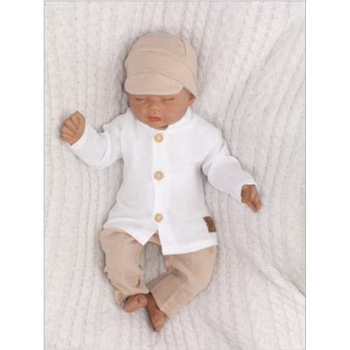 Mušelínová košeľa, nohavice + čiapky, 3D sada, Boy Z&Z, biela/piesková