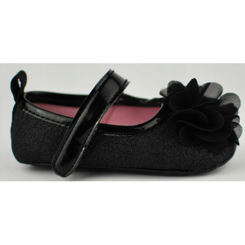 Dojčenské capáčky/topánočky s kvietkom, brokát/čierne, Baby Nellys