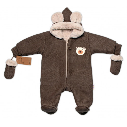Oteplená pletená kombinéza s rukavičkami Teddy Bear, Baby Nellys, hnedá, veĺ. 68