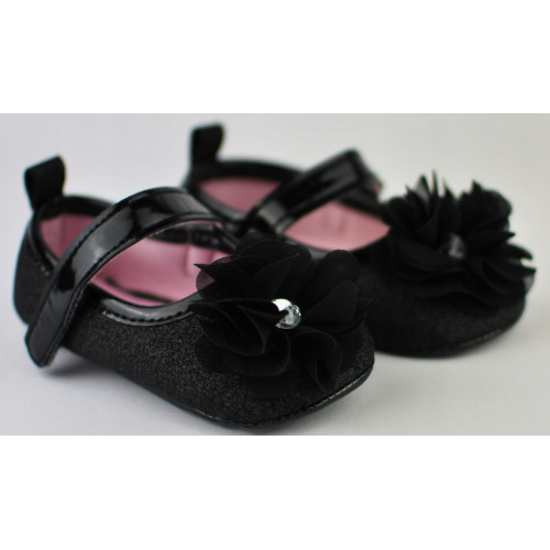 Dojčenské capáčky/topánočky s kvietkom, brokát/čierne, Baby Nellys, vel. 6/12 m