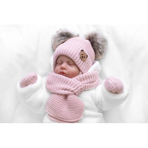 Detská sada, zimná čiapka so šálom + rukavičky 3D, Teddy Bear - pudrovo ružová