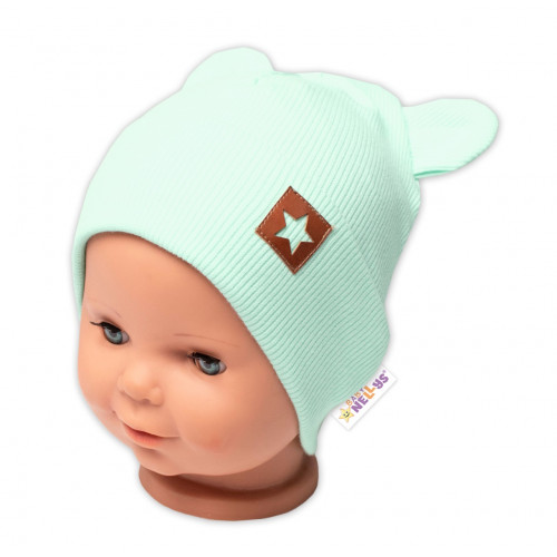 Baby Nellys Rebrovaná dvojvrstvová čiapka s uškami TEDDY - mätová, veľ. 80/86