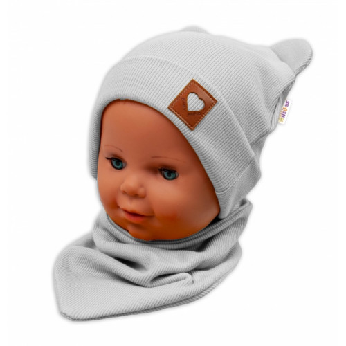 Baby Nellys Rebrovaná dvojvrstvová čiapka s uškami + šatka TEDDY - sivá, 80/86
