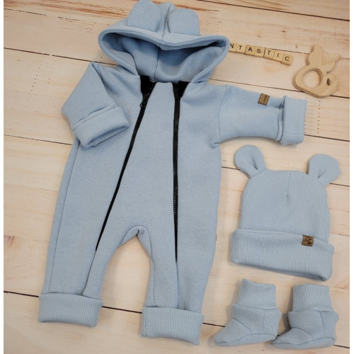 Oteplený detský overal bez šľapiek s kapucňou, čiapočka + topánočky, 3D, Kazum, modrý