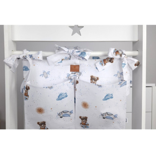 Vreckár na postieľku, bavlna, Méďa pilot - biela, modrá