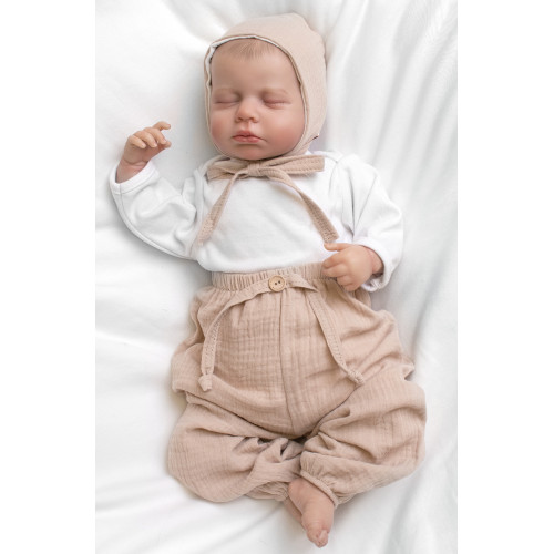 Mušelínová čiapočka na zaväzovanie bonetka Boy, Hand Made, béžová