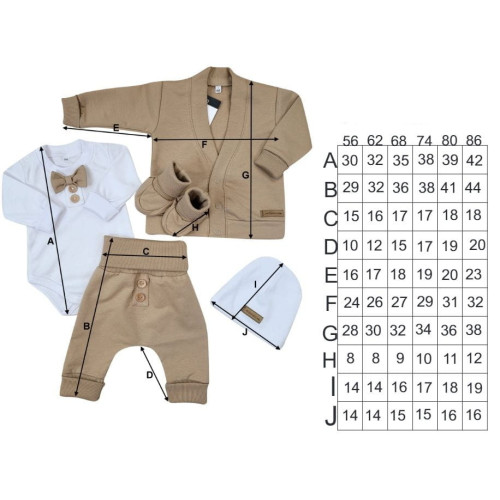 Bavlnená sada, body, nohavice, motýlik a čiapka Elegant Boy 5D, béžová/biela, veľ. 74
