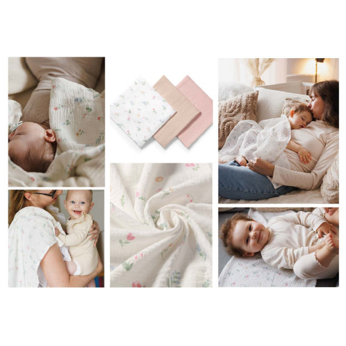 Mušelínové - super mäkké plienky BabyOno, 3ks - béžová/pudrová flowers