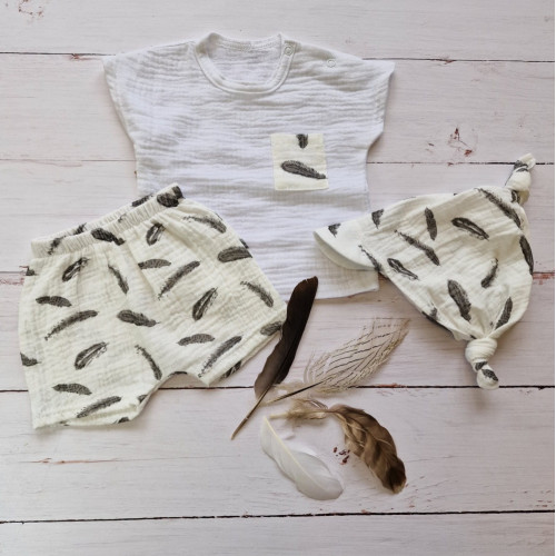 Mušelínové tričko, kraťasy + šatka, 3D sada, Pierka Z&Z, biela/smotana, veľ. 86