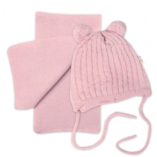Zimní čepice na zavazování s bambulky + šál, Baby Nellys - púdrovo ružová