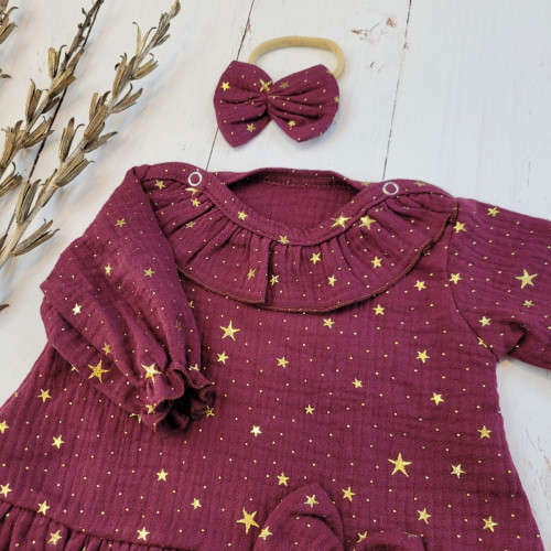 Mušelínové šatôčky s hviezdičkami + čelenka Z&Z, bordo, veľ. 68