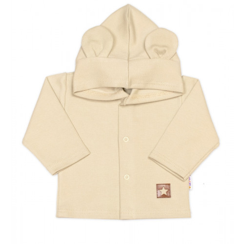 Rebrovaná sada, Star 5D, body, polodupačky, kabátik, čiapka, rukavice - béžová, biela