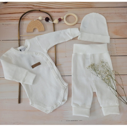 Rebrované zavinovacie body, tepláčky a čiapočka Kazum 3D bavlnená sada, biele, veľ. 62