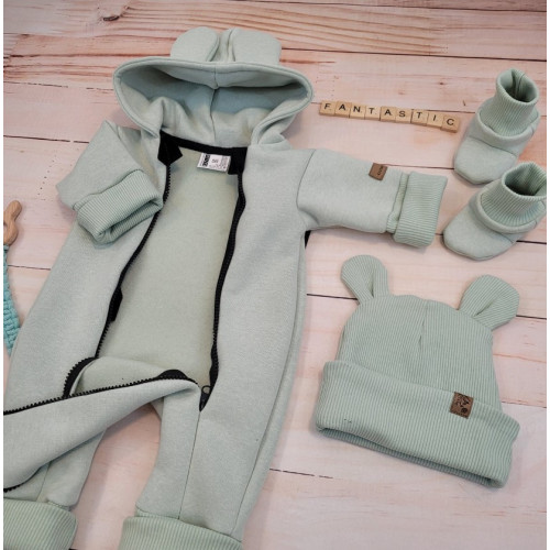 Oteplený detský overal bez šľapiek s kapucňou, čiapočka + topánočky, 3D, Kazum, mätový