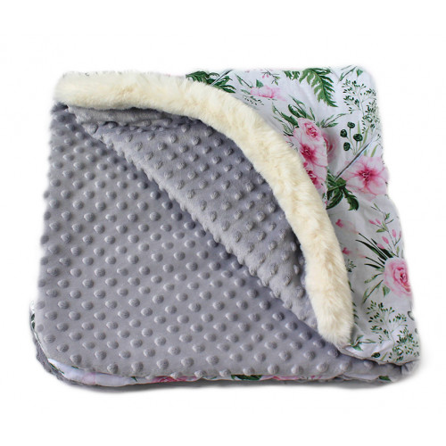 Baby Nellys Bavlnená obojstranná dečka 3v1 s minky a kožušinkou, 90x90 cm, kvetinky