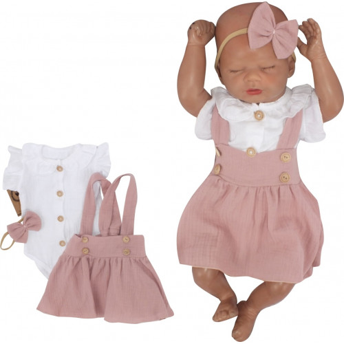 Mušelínová suknička s lacnom, bodýčko a čelenka, 3D sada, biela/staroružová, veľ. 62