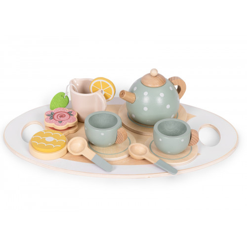 Drevená detská čajová súprava s kanvicou a šálkami, 14 dielov