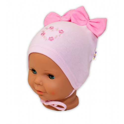 Bavlnená čiapočka na zaväzovanie Baby Nellys s mašličkami - sv. ružová, 80/86
