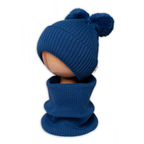 BABY NELLYS Zimná pletená čiapka + nákrčník - granát s brmbolcami