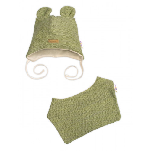Pletená čiapka s bavlnenou podšívkou a šatkou 2v1, Teddy Hand made - oliva, 68/74