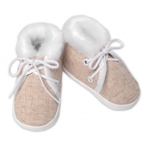 Dojčenské capáčky/topánočky na šnurovanie s kožúškom, Baby Nellys, béžové, vel. 62/68