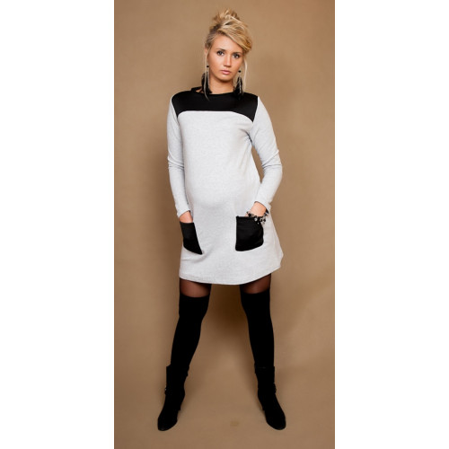 Be MaaMaa Tehotenské šaty / tunika Lizzy dl. rukáv - sivý melírek / čierne, L/XL