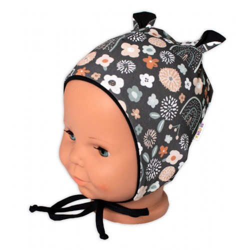 Baby Nellys Dojčenská čiapočka s uškami na zaväzovanie - Palouček, grafit, veľ. 68/74