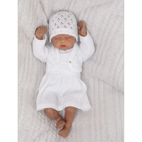 Z&Z 3-dielna pletená súprava šatôčky, bolerko a čiapočka - biela