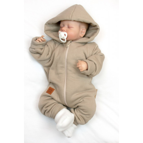 Bavlnený oteplený overálok s kapucňou, rukavičky, topánky, 3D sada Nature - taupe