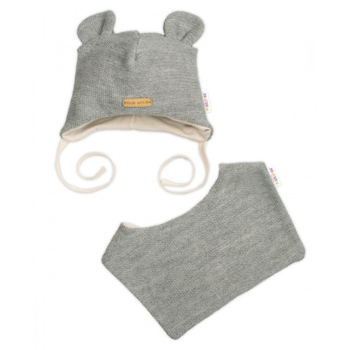 Pletená čiapka s bavlnenou podšívkou a šatkou 2v1, Teddy Hand made - šedá, 68/74