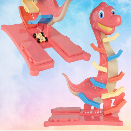 Veselá hrajúca autodráha/šmykľavka Dino Tulimi + 6 autíčok, oranžová